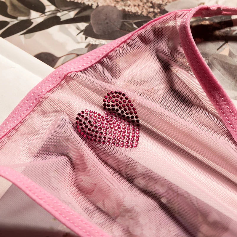 Lace Mesh Women Briefs Sexy Thong Transparent Rhinestones Heart Panties Underwear Girls G String Lingerie Fitness T Back