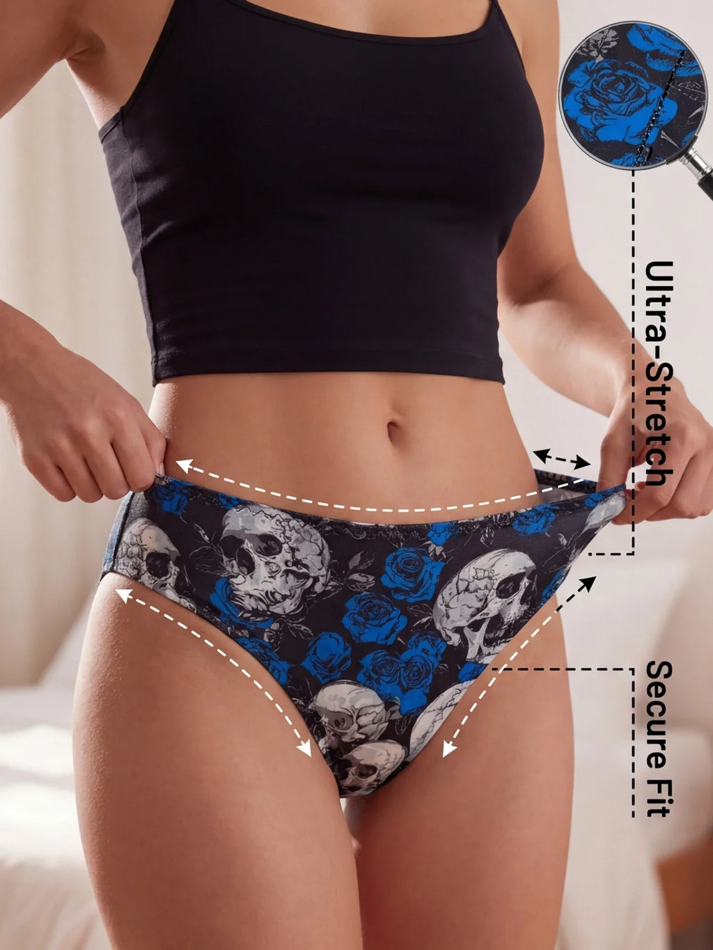 Stylish Mid-Rise Women Panties Gothic Skull Seamless Underwear Soft Breathable Rose Print Female Briefs