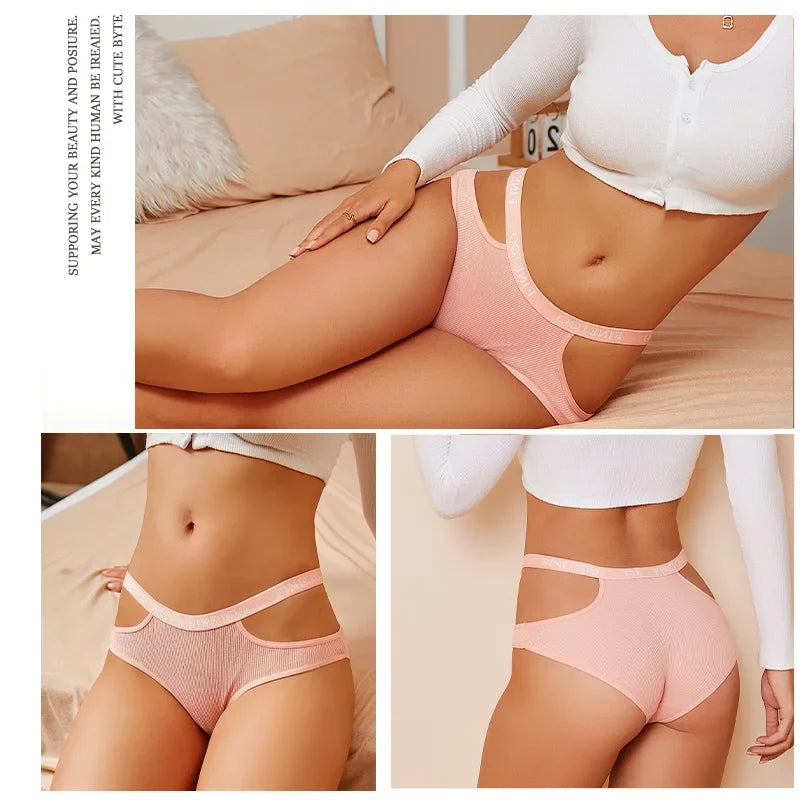 3Pcs Sexy Cotton Double Letter Belt Briefs Women's Panties Hollow Out Intimate Underpants Solid Color Fashion Underwear S-XL