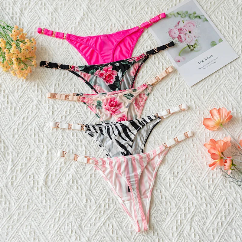 Zebra Flower Low Rise Sexy Thong Women Underwear Briefs Panties Luxury Metal Buckle G String Seamless Bikini Girls Female Panty