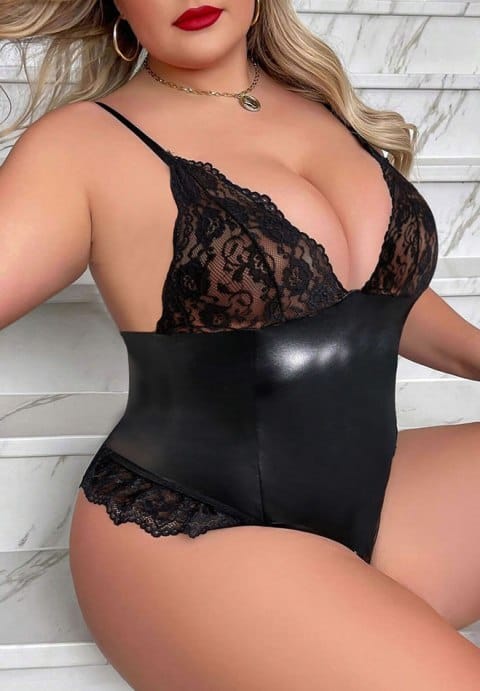 Plus Size Faux Leather and Lace Teddy