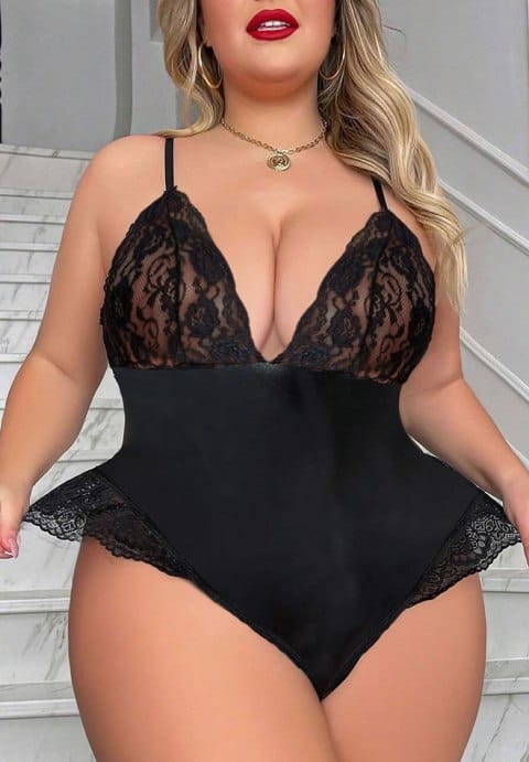 Plus Size Faux Leather and Lace Teddy