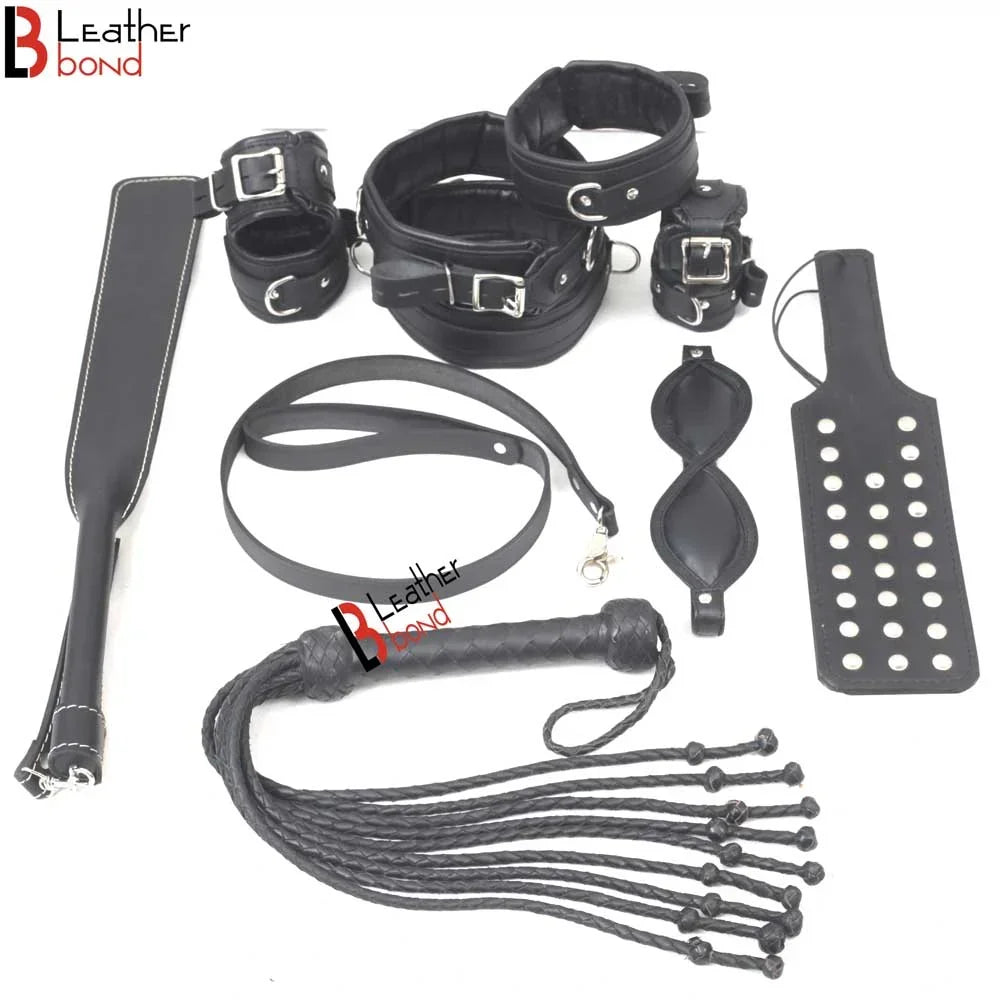 Bad Boy Hard BDSM Bondage Kit Wrist, Ankle & Thigh Cuffs, Collar, Paddles, Flogger, Blindfold & Leash | Black