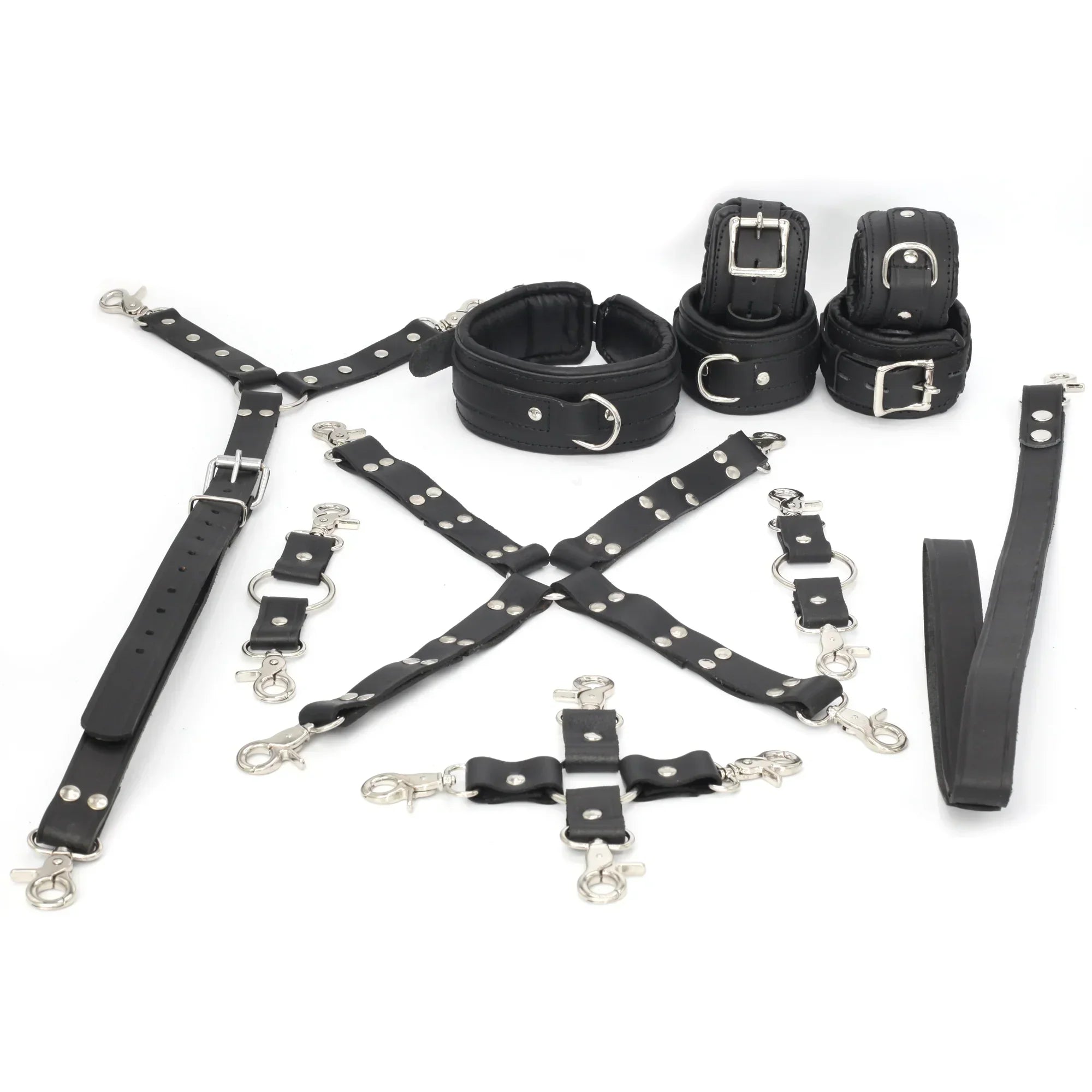 11-Piece Cowhide Leather Bondage Kit Collar, Ankle & Wrist Cuffs, Hogties, Leash & Connectors | Couples BDSM Set