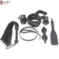 Beginner's Leather Bondage Kit Wrist, Ankle & Thigh Cuffs, Collar, Flogger, Paddle, Blindfold & Leash | Black