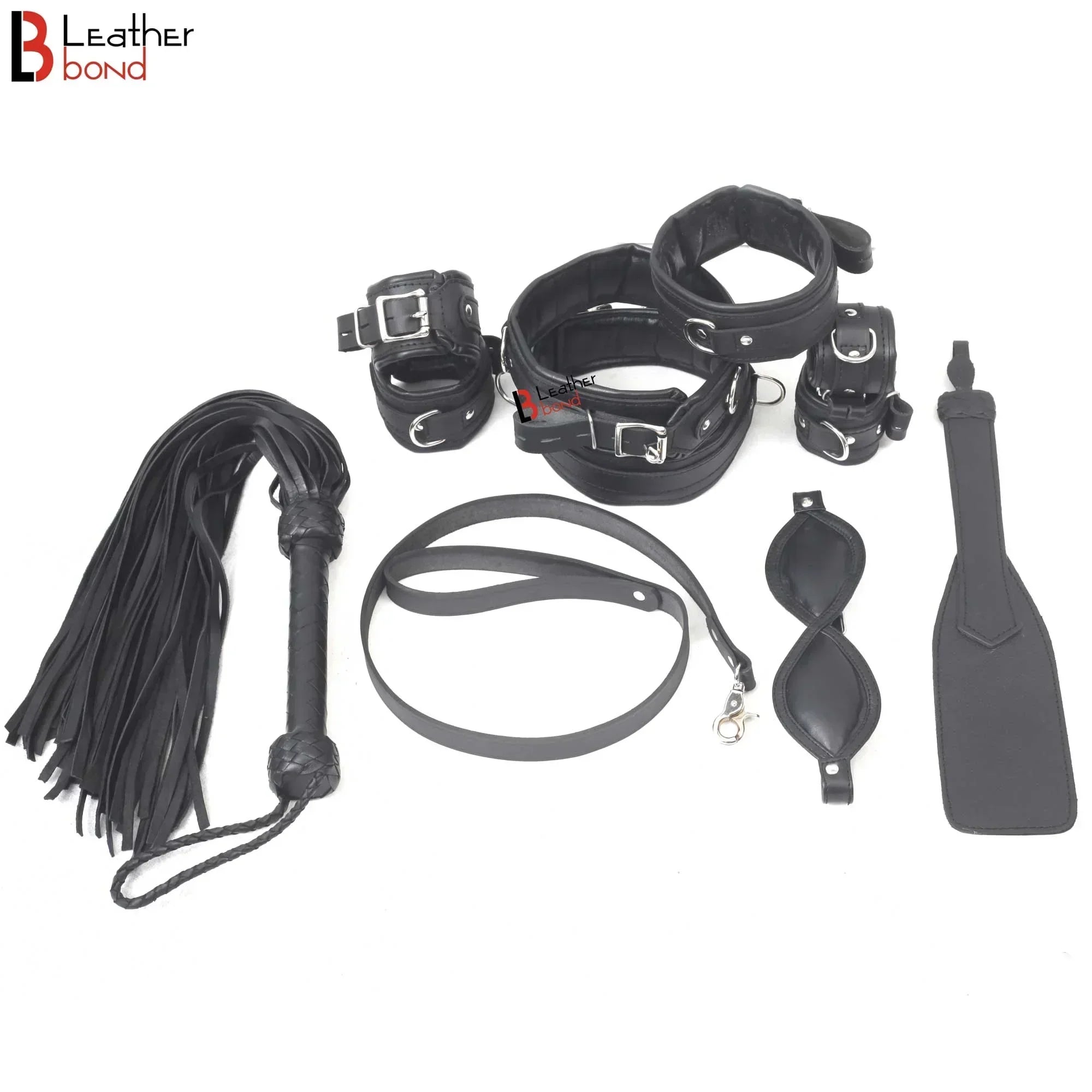 Beginner's Leather Bondage Kit Wrist, Ankle & Thigh Cuffs, Collar, Flogger, Paddle, Blindfold & Leash | Black