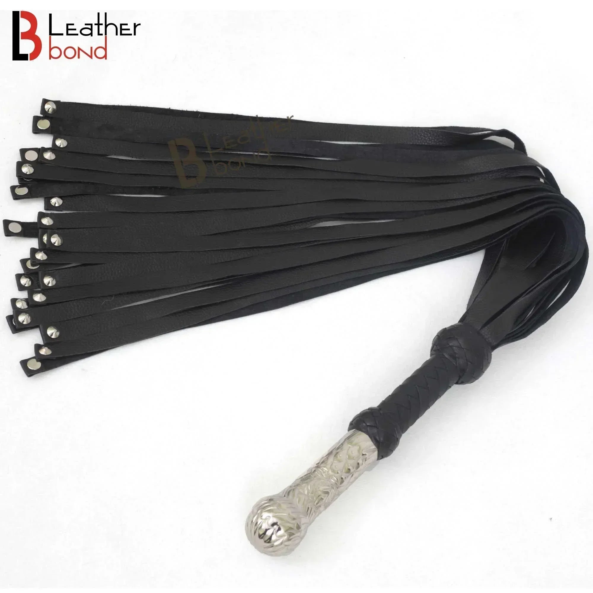 Real Genuine Cowhide Leather Flogger 25 Falls, Black Heavy & Steel Studded