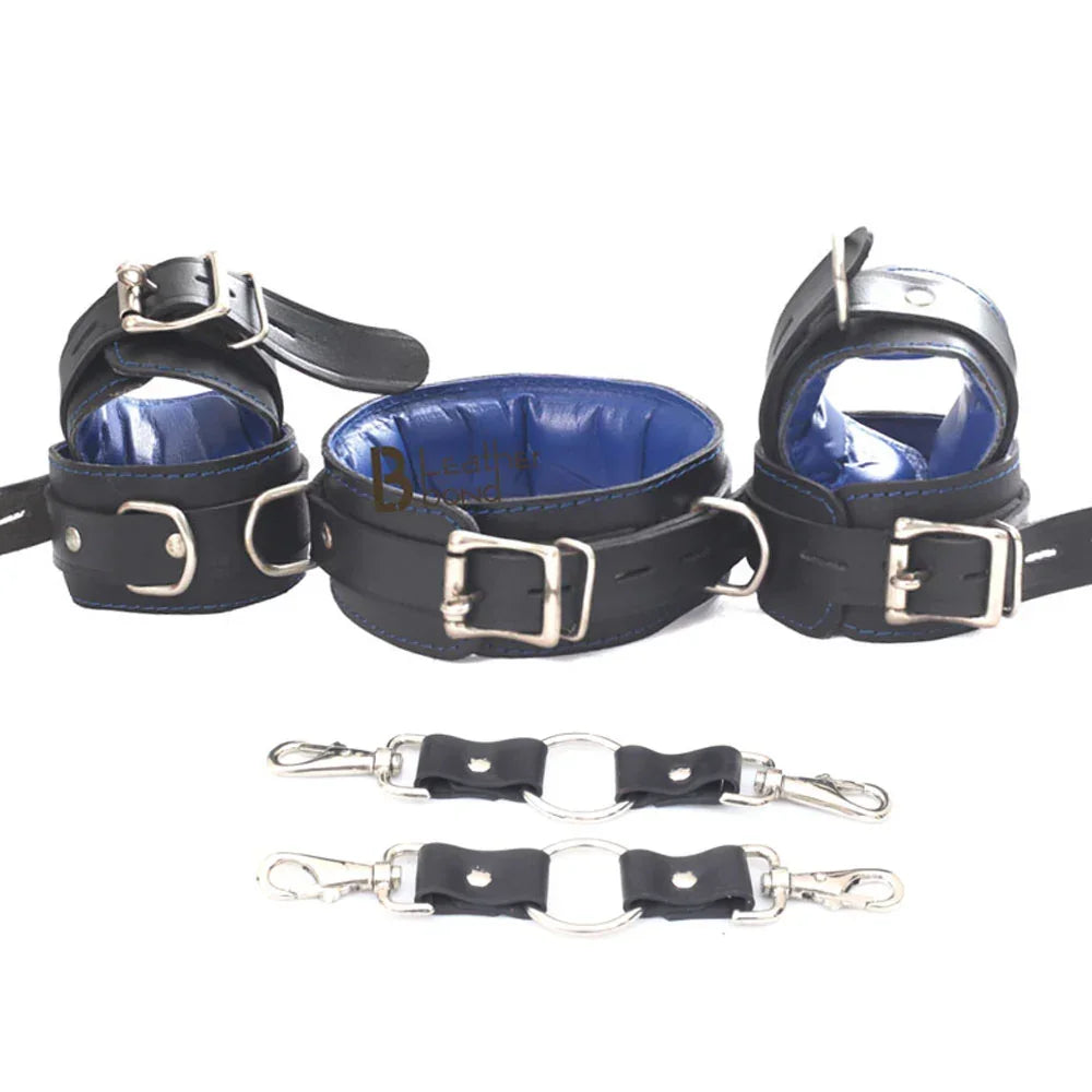 Blue Leather Bondage Kit Wrist & Ankle Cuffs, Collar, Flogger, Paddle, Blindfold & Leash | Cowhide BDSM Set
