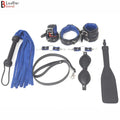 Blue Leather Bondage Kit Wrist & Ankle Cuffs, Collar, Flogger, Paddle, Blindfold & Leash | Cowhide BDSM Set