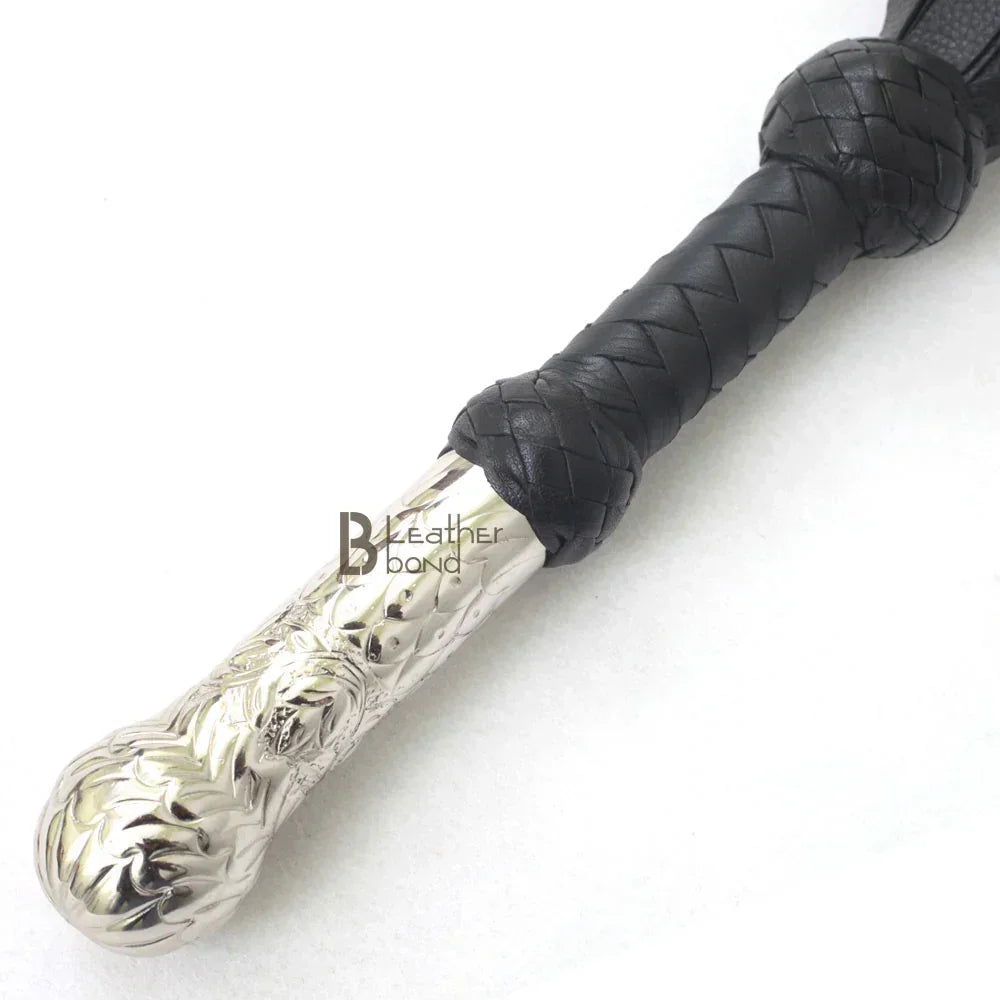 Real Genuine Cowhide Leather Flogger 25 Falls, Black Heavy & Steel Studded