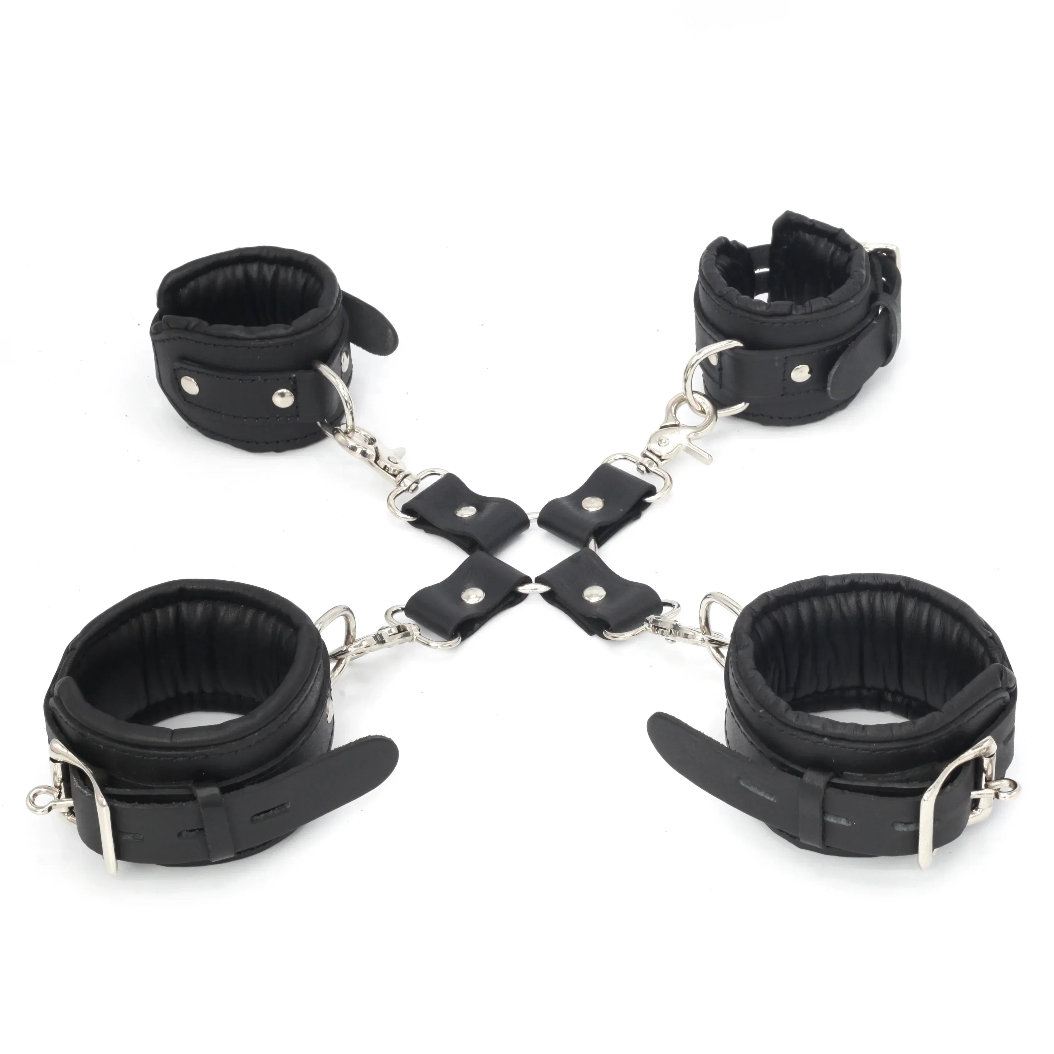 11-Piece Cowhide Leather Bondage Kit Collar, Ankle & Wrist Cuffs, Hogties, Leash & Connectors | Couples BDSM Set
