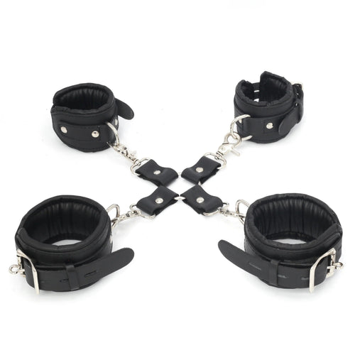 11-Piece Cowhide Leather Bondage Kit Collar, Ankle & Wrist Cuffs, Hogties, Leash & Connectors | Couples BDSM Set