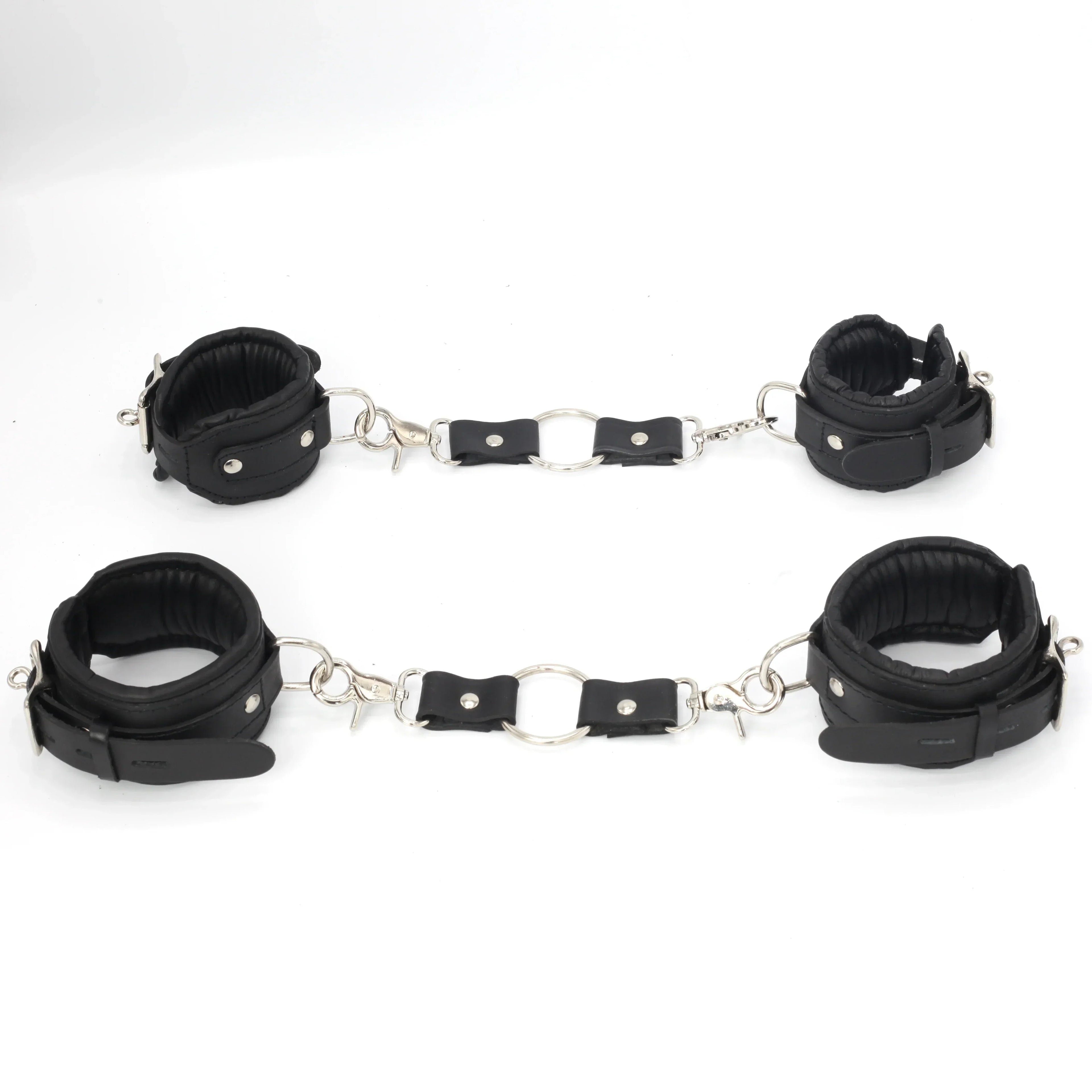 11-Piece Cowhide Leather Bondage Kit Collar, Ankle & Wrist Cuffs, Hogties, Leash & Connectors | Couples BDSM Set