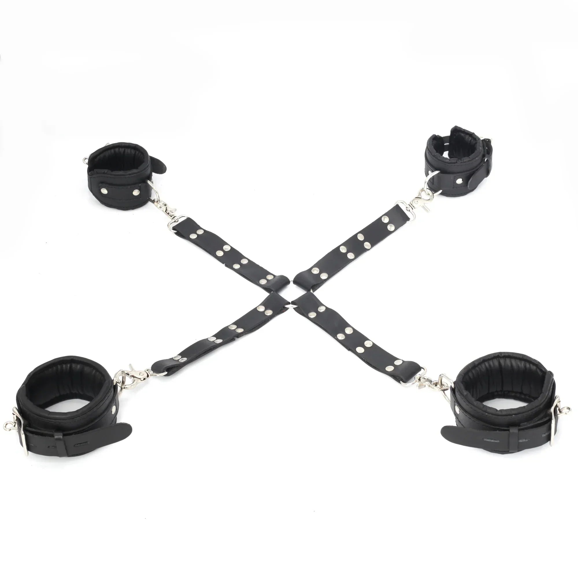 11-Piece Cowhide Leather Bondage Kit Collar, Ankle & Wrist Cuffs, Hogties, Leash & Connectors | Couples BDSM Set