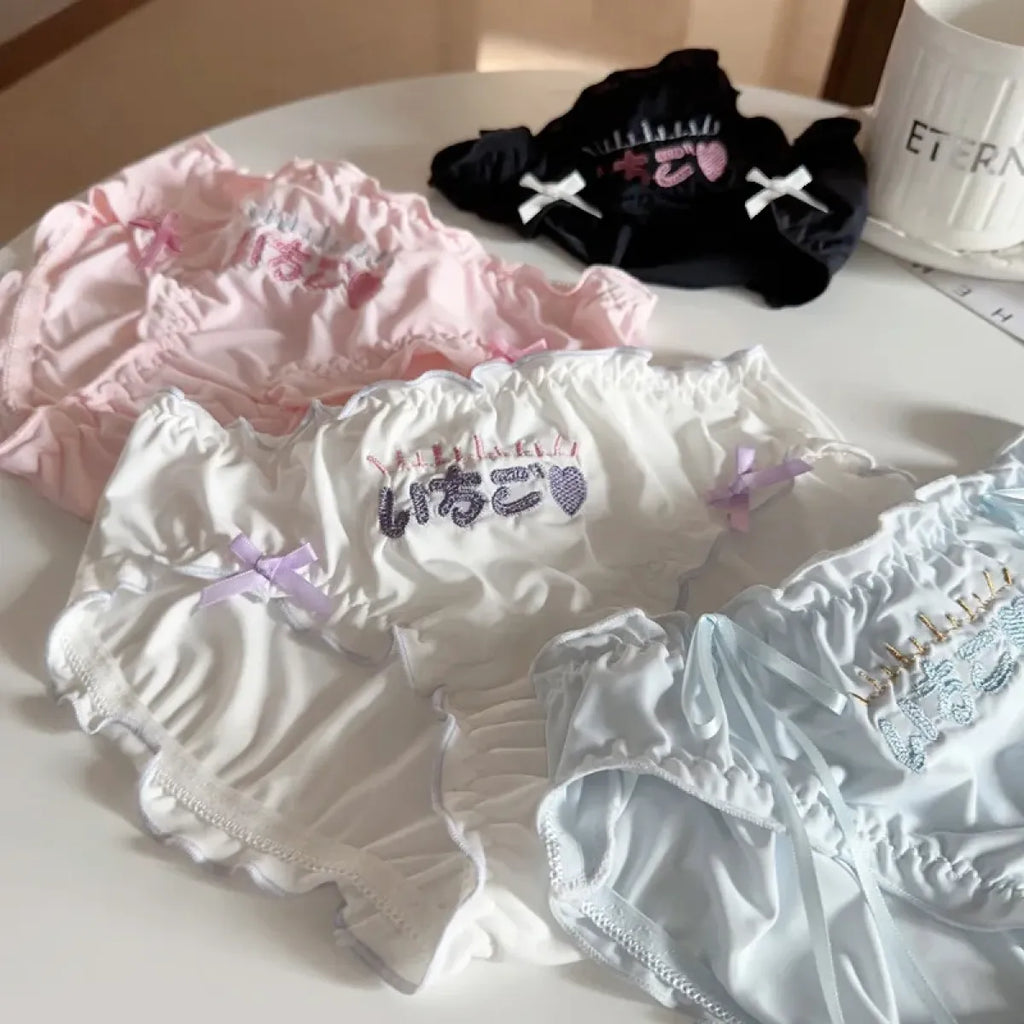 Embroidered Ruffle Ice Silk Mid-Waist Panties – Kawaii Lingerie