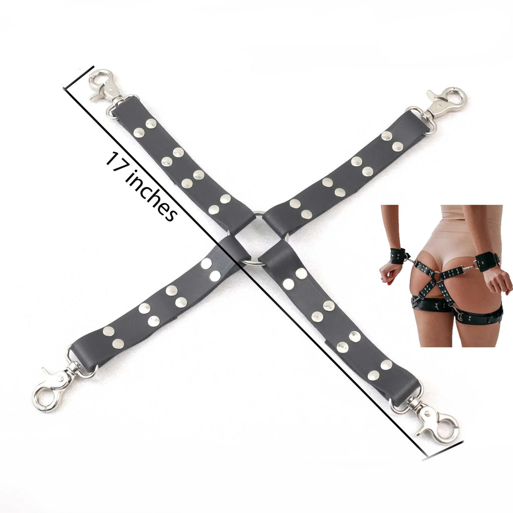 11-Piece Cowhide Leather Bondage Kit Collar, Ankle & Wrist Cuffs, Hogties, Leash & Connectors | Couples BDSM Set