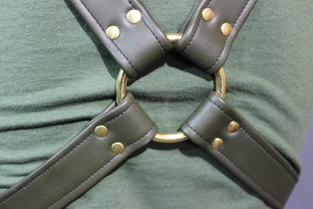 Military Olive and Brass Extended X Harness, Soft Leather Strapping