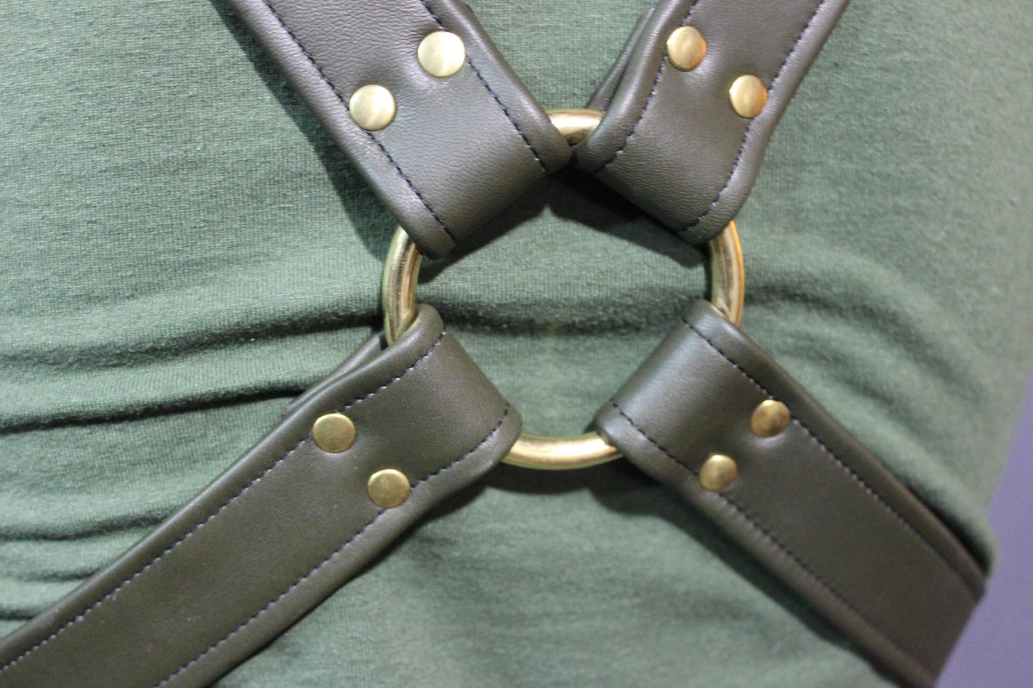 Military Olive and Brass Extended X Harness, Soft Leather Strapping
