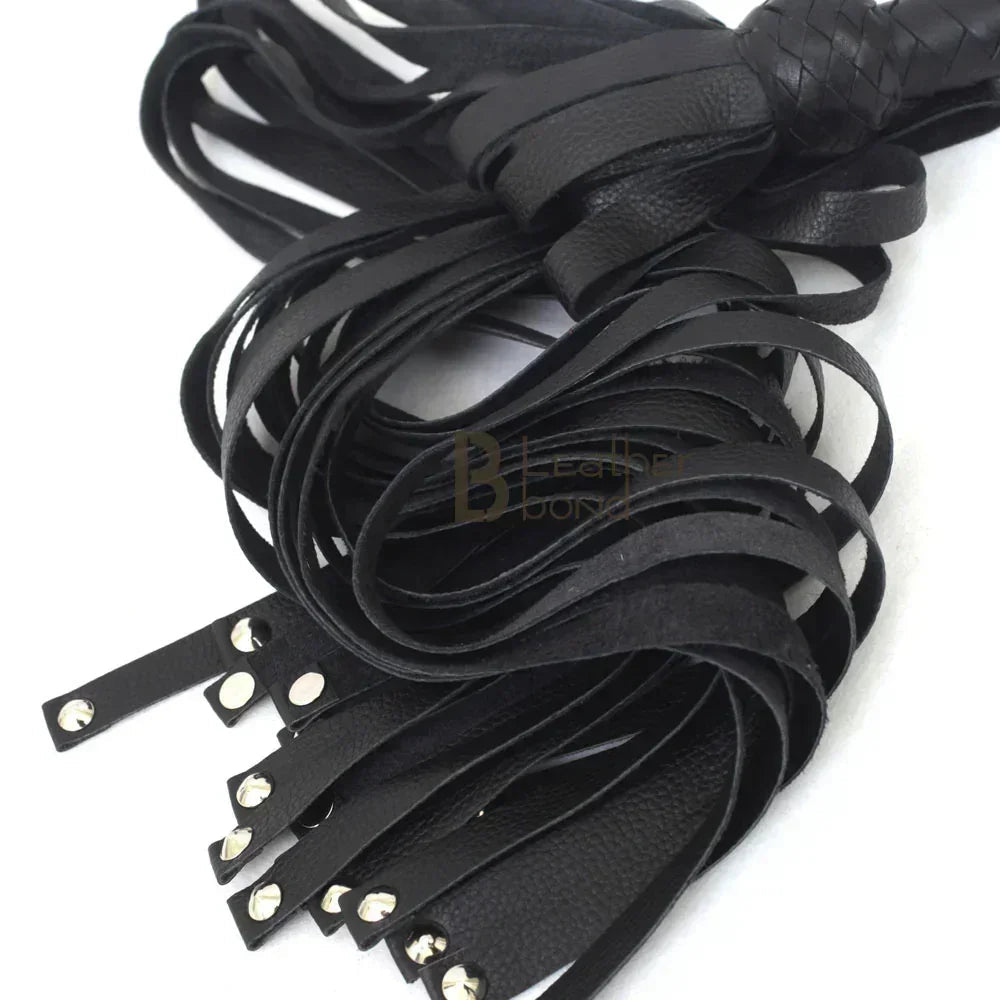 Real Genuine Cowhide Leather Flogger 25 Falls, Black Heavy & Steel Studded