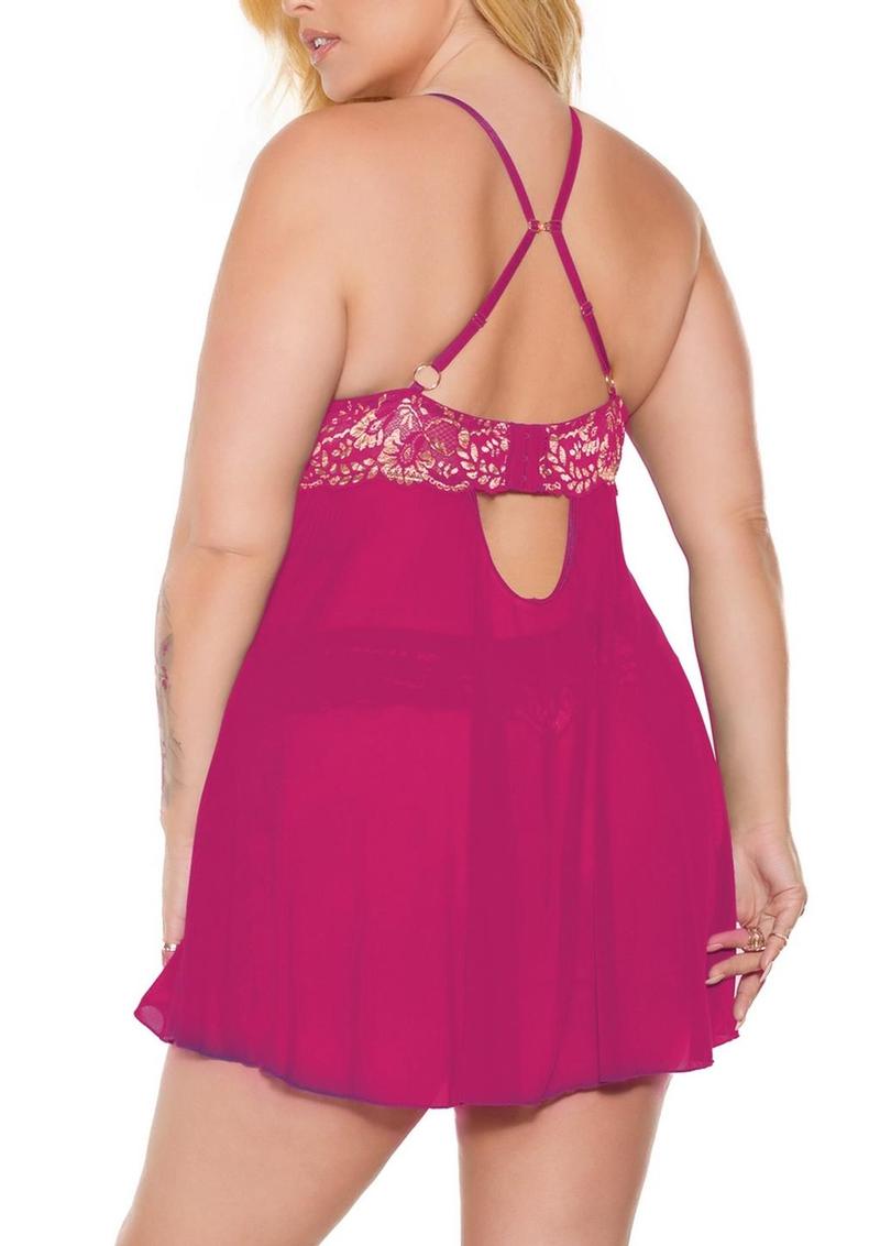 Pink Pussycat Babydoll And Thong Set With Gold Lingerie