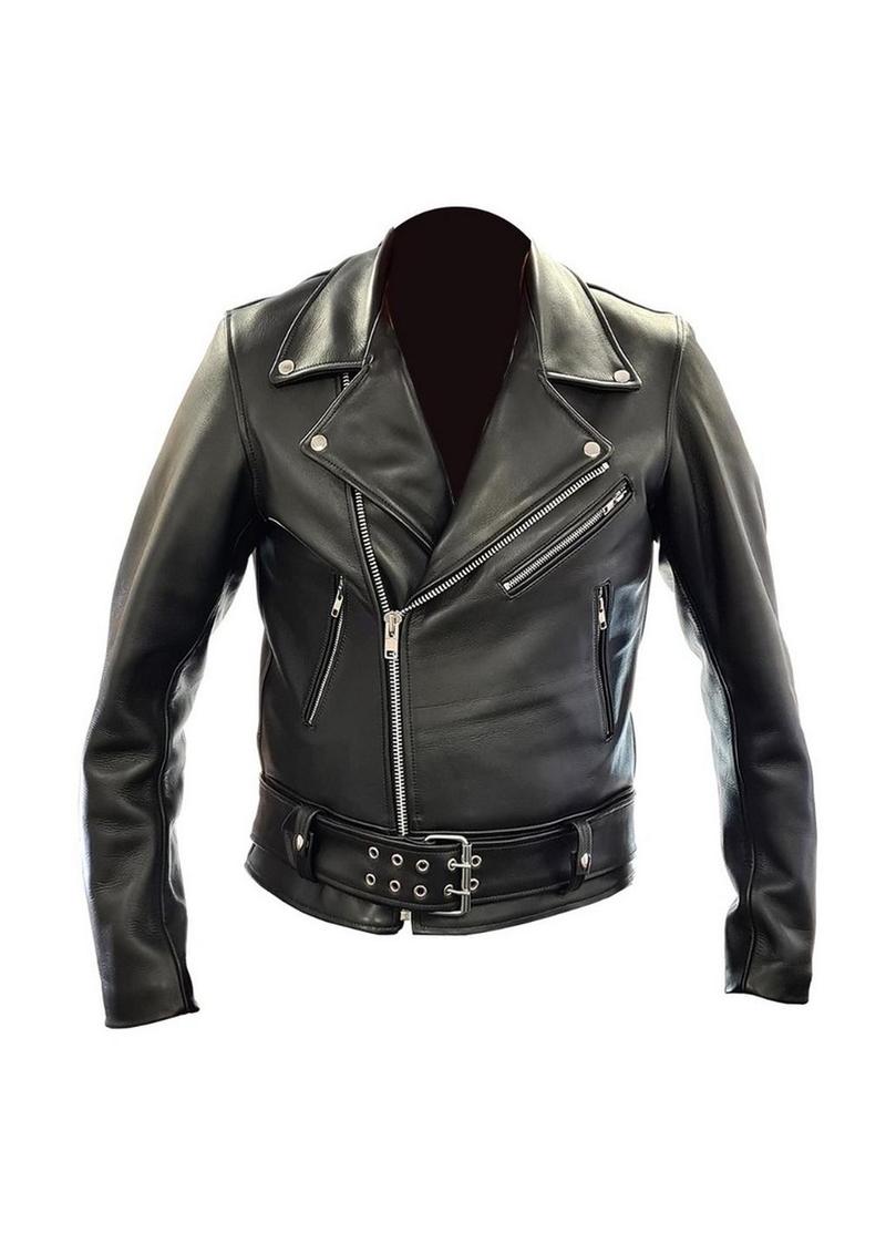 Prowler Red Police Leather Jacket Classic Black Biker Style with Belt