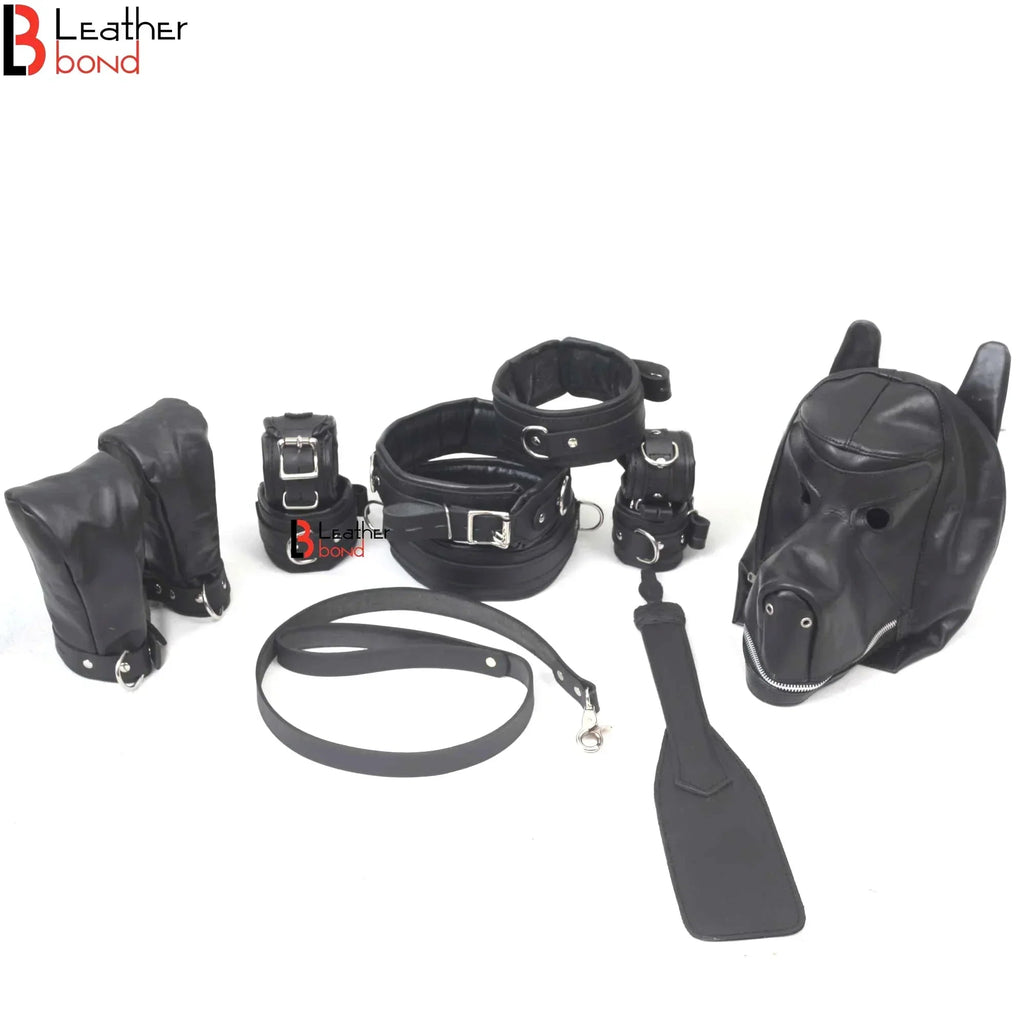 Puppy Play Animal Role Bondage Kit 5-Piece Genuine Cowhide Leather BDSM Restraint Set