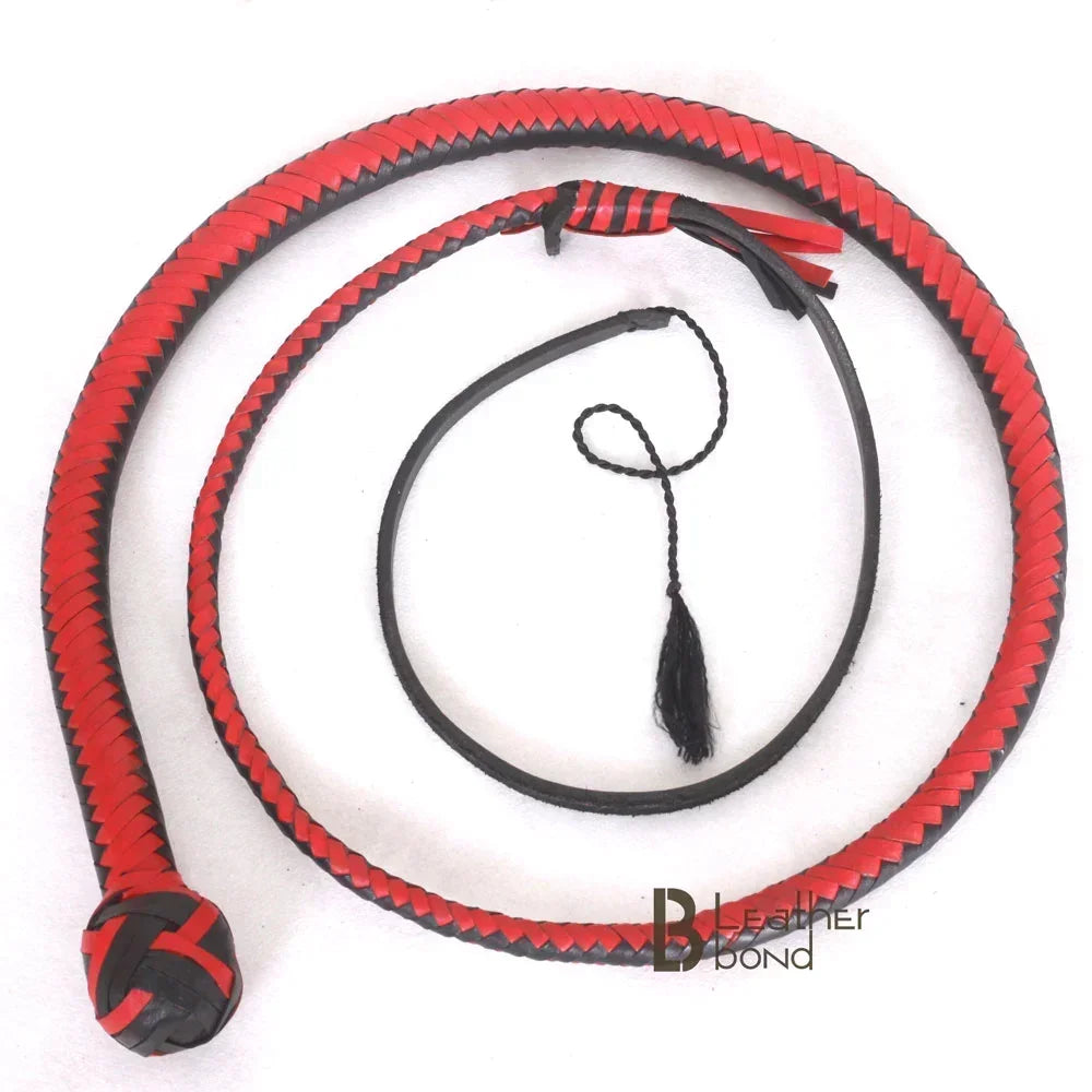 Snake Whip Kangaroo Hide Leather & Shot Loaded  4, 5, 6 or 8 Feet 12 Strands Red & Black